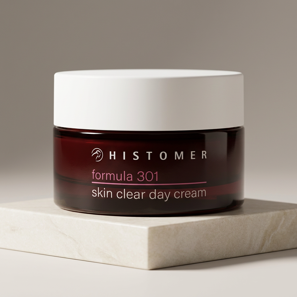 Histomer Skin Clear Day Cream Formula 301, vasetto bordeaux con tappo bianco su piedistallo chiaro