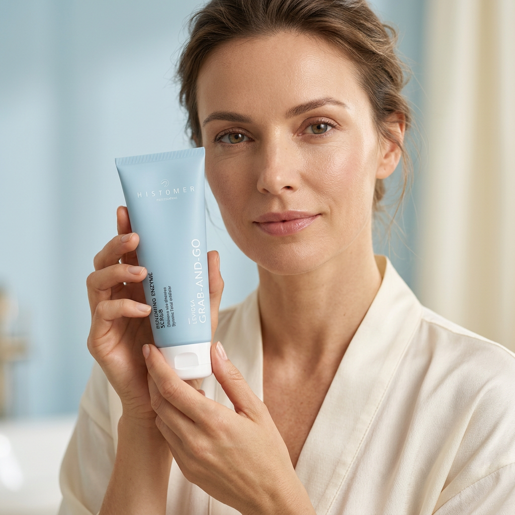 Donna con Histomer Leviosa Renewing Enzyme Scrub, immagine generata dalla foto originale