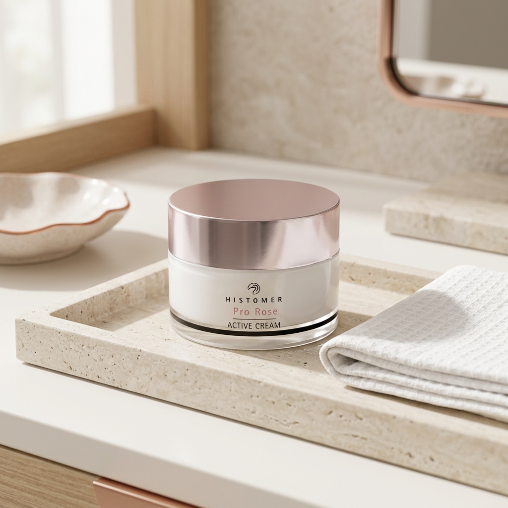 Histomer Hisiris Pro Rose in ambientazione skincare con asciugamano, immagine generata