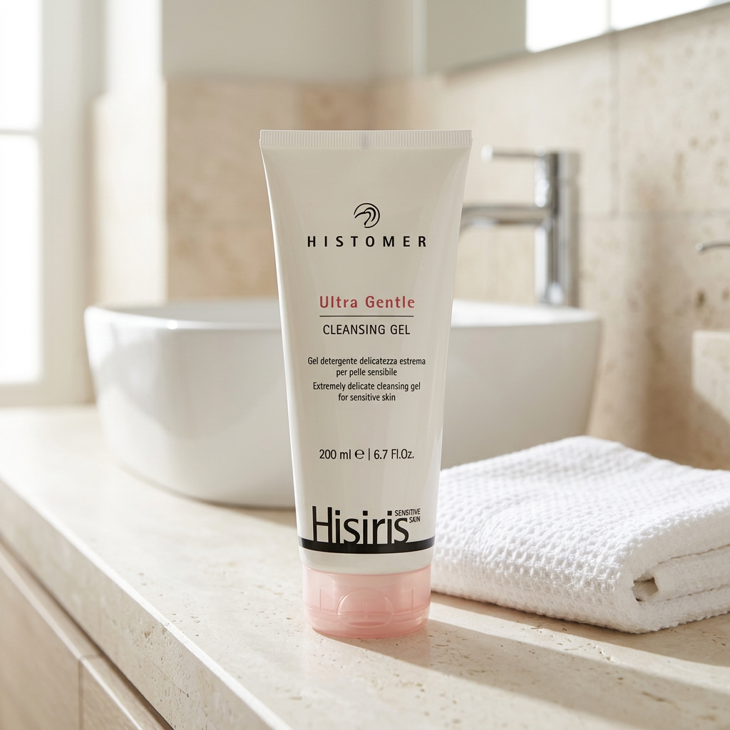 Histomer Hisiris Ultra Gentle Cleansing Gel 200 ml ambientato su un ripiano bagno