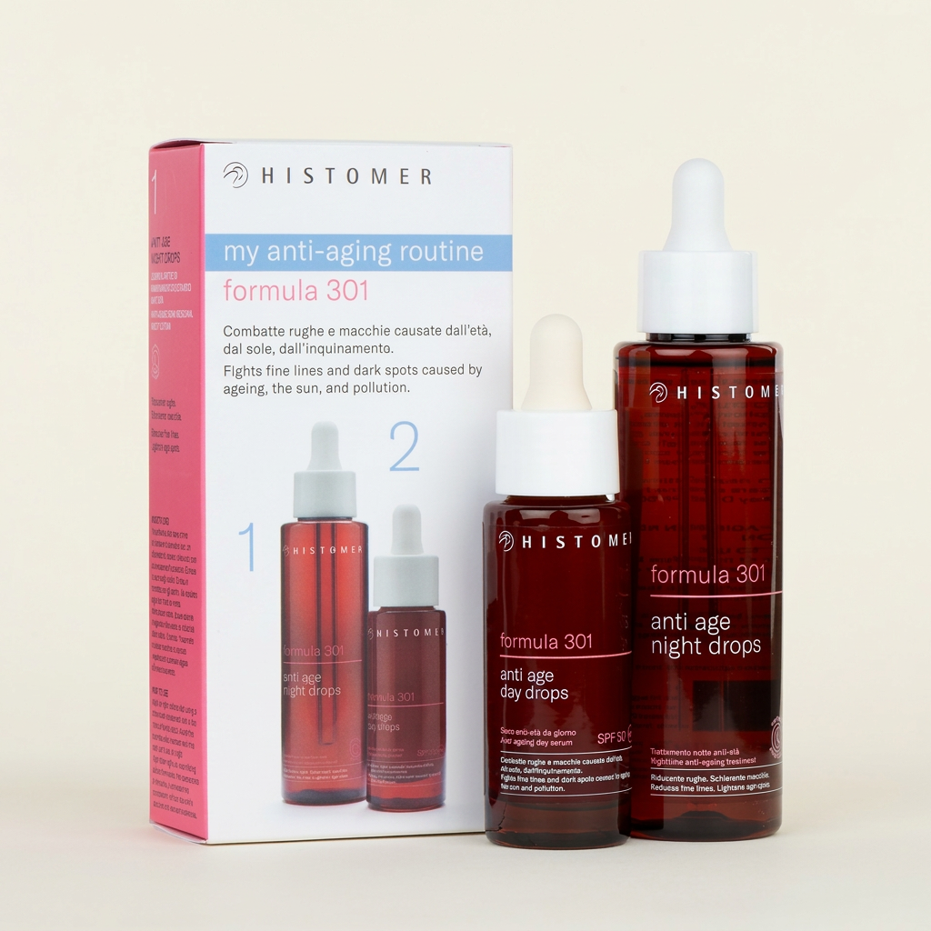 Kit Histomer Formula 301 My Anti-Aging Routine con scatola e sieri Day Drops e Night Drops su fondo chiaro