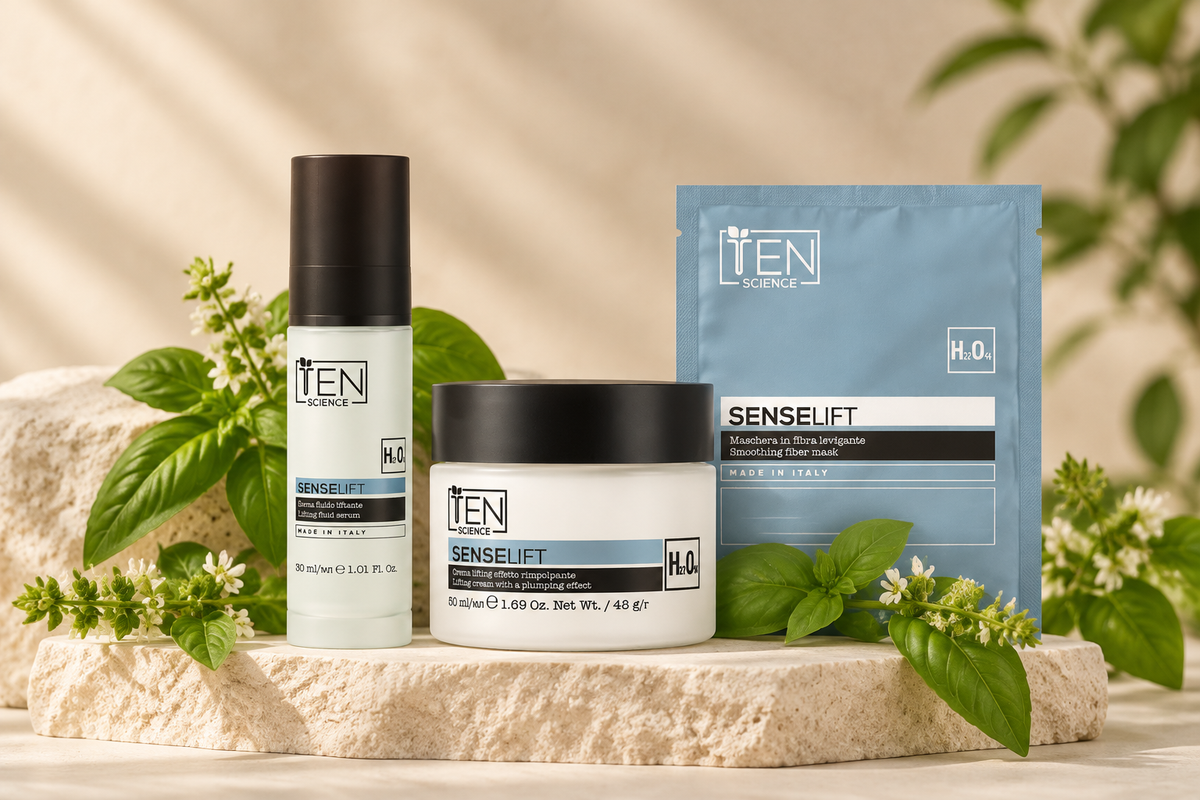 Prodotti della linea viso anti-age Ten science Sense Lift con NAD+ e Basilico Sacro