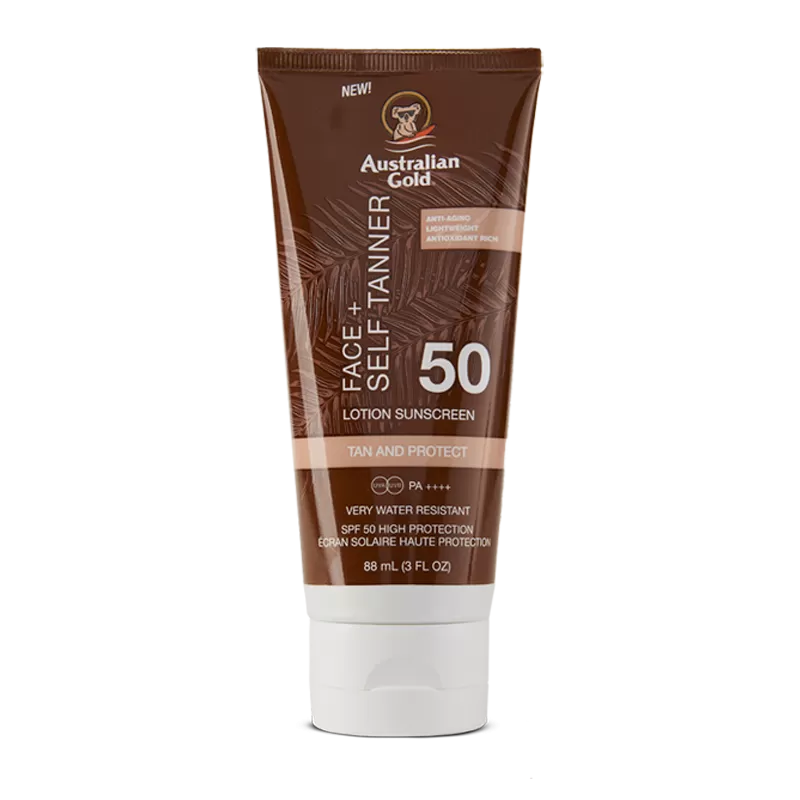 Australian Gold SPF 50 Face+ Self Tanner Lotion Natural Bronzer DHA Viso 88ml