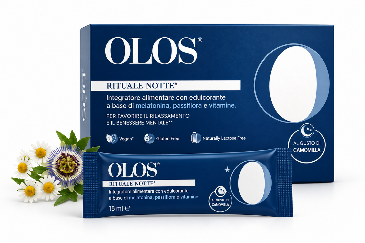 Olos Rituale Notte | Integratore Melatonina, Passiflora e Vitamine — 14 stick da 15 ml