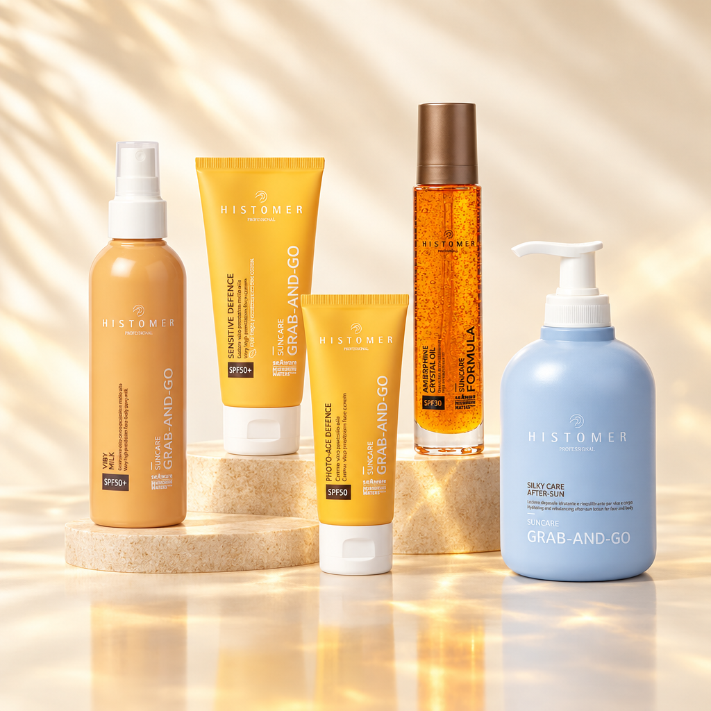 Prodotti Histomer Suncare: solari Viby Milk, Sensitive Defence, Photo-Age Defence, Amberphine e doposole Silky Care
