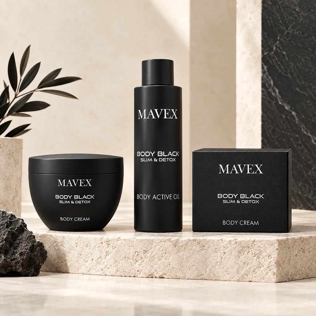 Prodotti Mavex Body Black Slim e Detox: Body Active Oil, Body Cream e Body Scrub