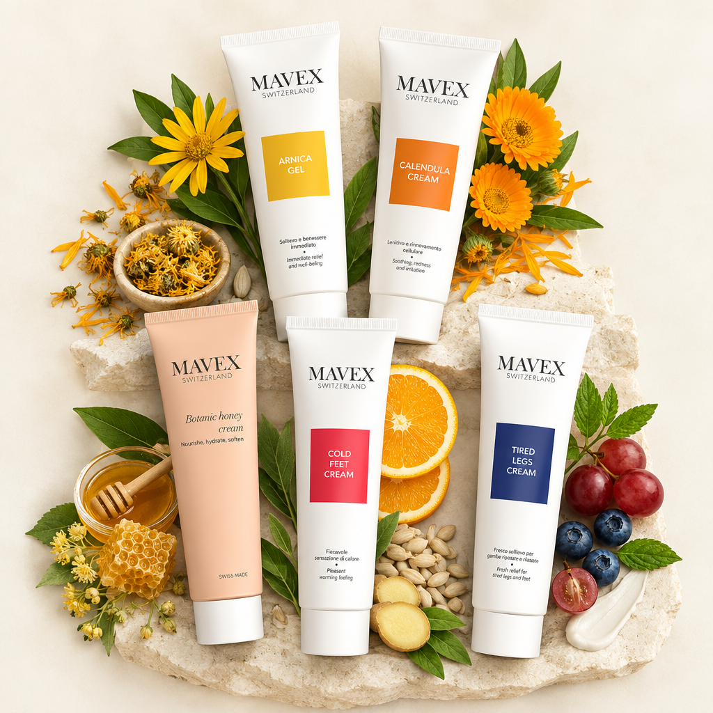 Prodotti Mavex Fitoceutici: Arnica Gel, Calendula Cream e creme per piedi e gambe