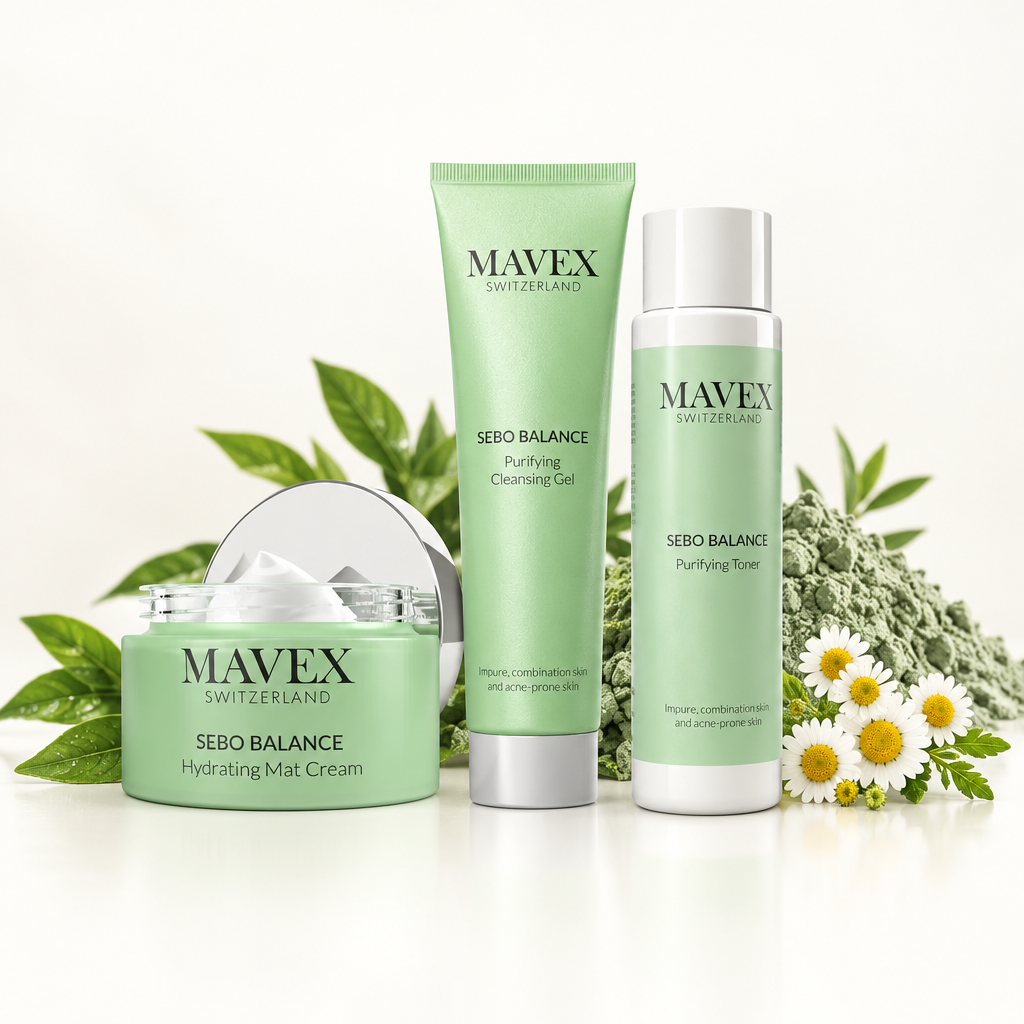 Prodotti Mavex Sebo Balance: Hydrating Mat Cream, Purifying Cleansing Gel e Purifying Toner