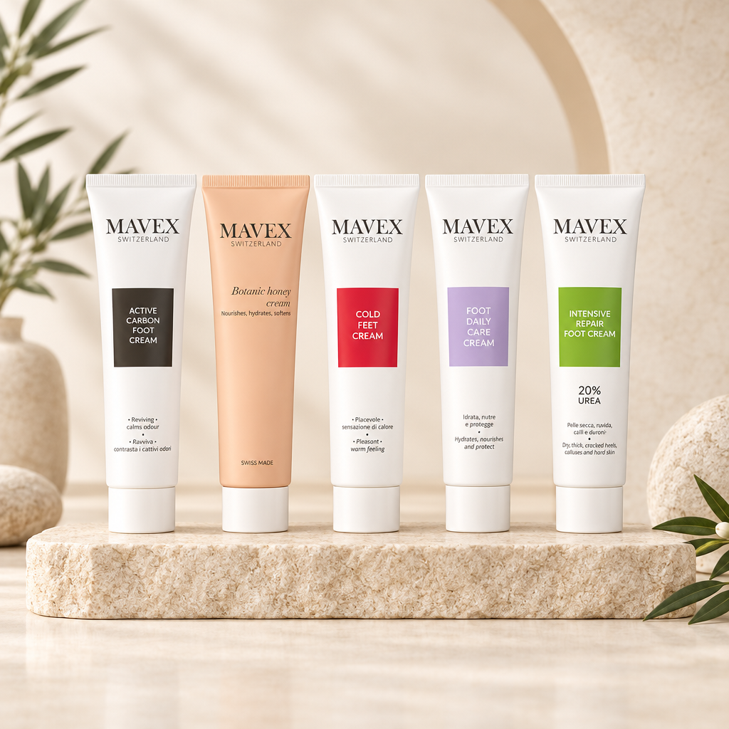 Selezione di creme per piedi Mavex: Active Carbon, Botanic Honey, Cold Feet, Daily Care e Intensive Repair