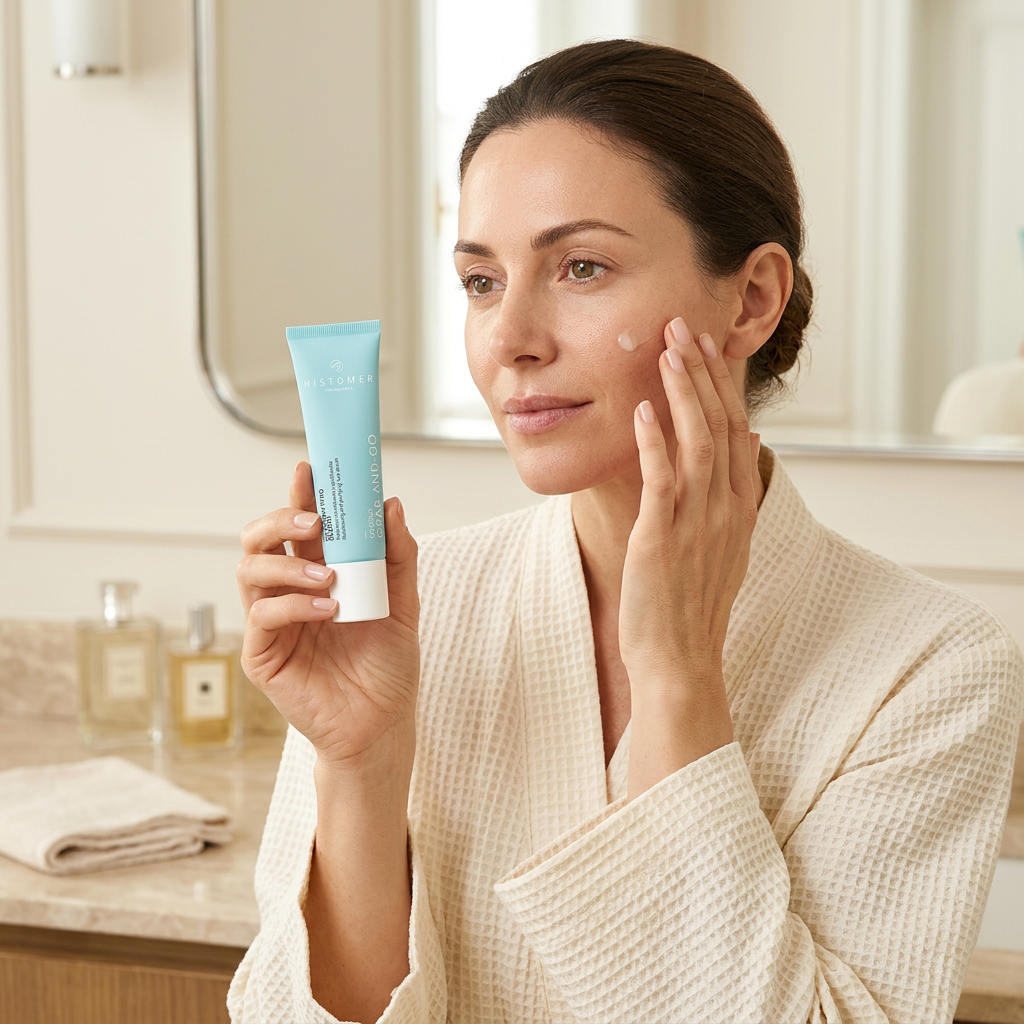 Donna che applica B3 Clarifying Serum