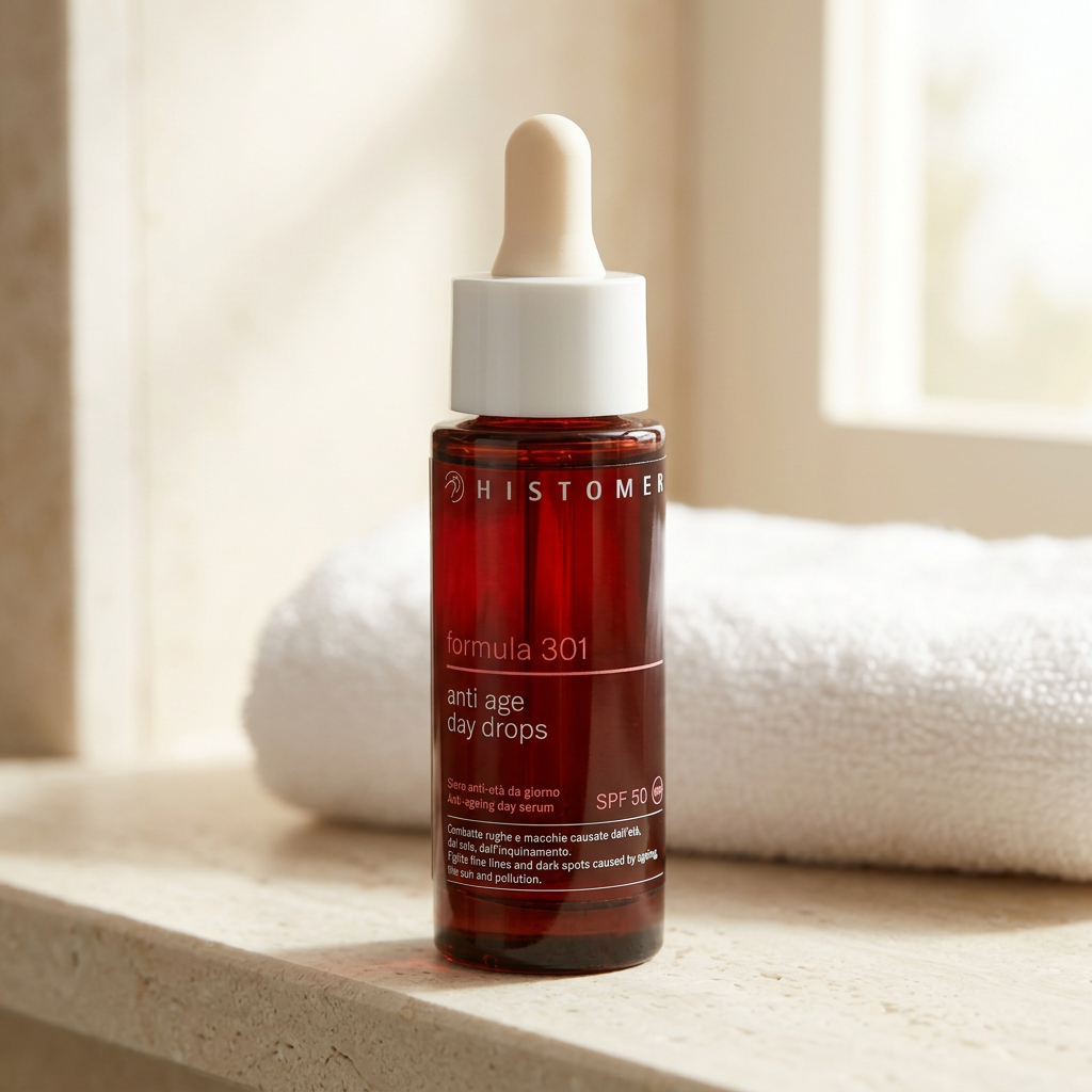 Histomer Anti Age Day Drops Formula 301 SPF 50 su ripiano in pietra con asciugamano bianco in luce naturale