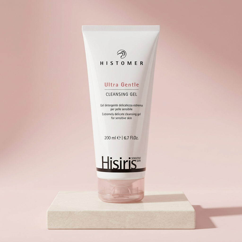 Histomer Hisiris Ultra Gentle Cleansing Gel 200 ml su piedistallo con sfondo rosa