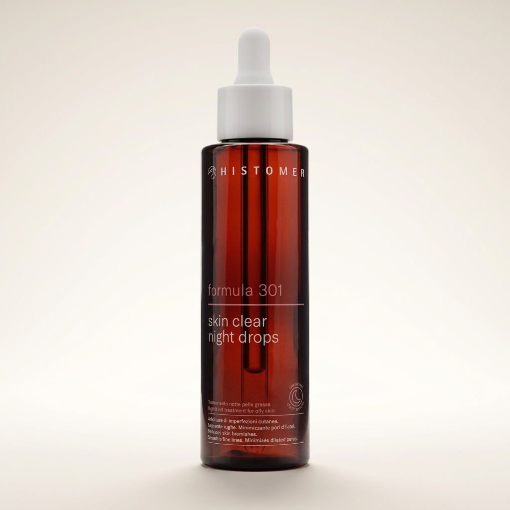 Histomer Formula 301 Skin Clear Night Drops, flacone ambrato con contagocce bianco su fondo chiaro